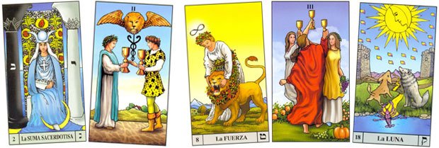 Papisa, Dois de Copas, Força, Três de Copas e Lua do Waite Tarot.