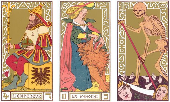 Imperador, Força e Morte do Tarô de Oswald Wirth.