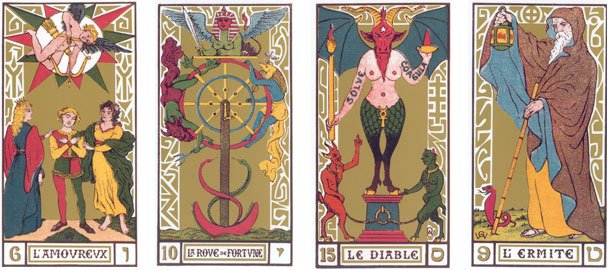 Namorados, Roda da Fortuna, Diabo e Eremita do Tarô de Oswald Wirth.